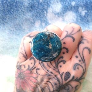 ❤ Southwestern Apatite SS Turquoise Blue Circle Ring, sz 7 ~ 925!